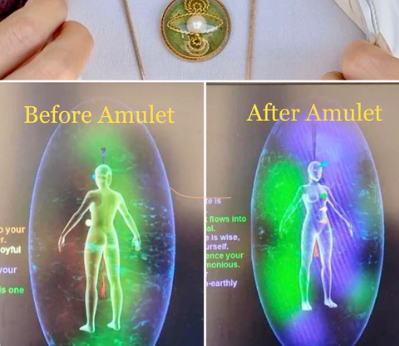 Before and after amulet comparison showing a glowing figure inside an oval with text.