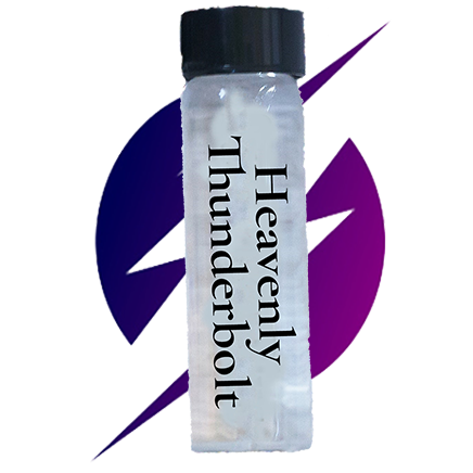 A plasma energy water vial labeled 'Heavenly Thunderbolt' with a purple and blue graphic indicating the brand or product line.