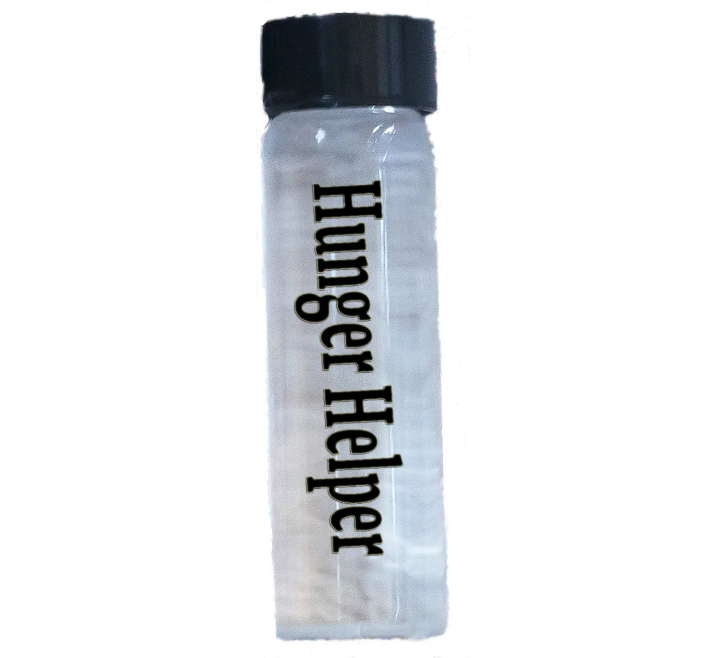A clear plasma energy water vial bottle with a black lid, labeled 'Hunger Helper'.