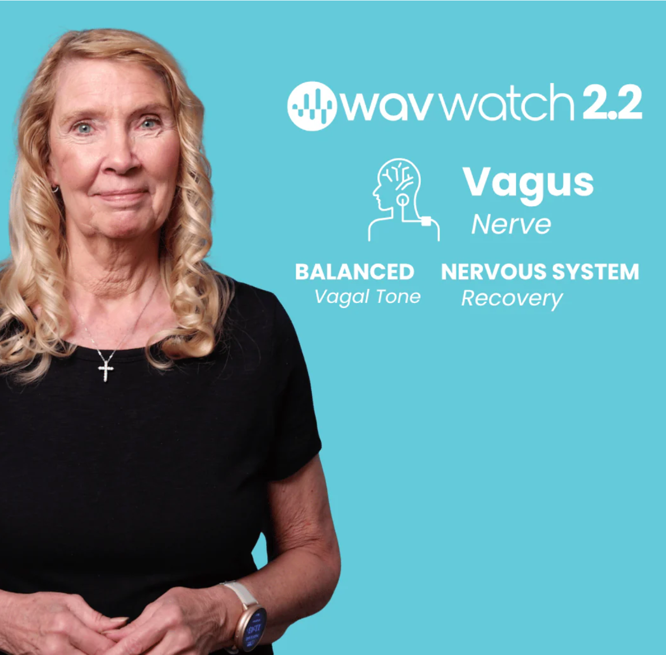 Woman with blonde hair wearing a black shirt on a blue background with Wavwatch 2.2 branding.