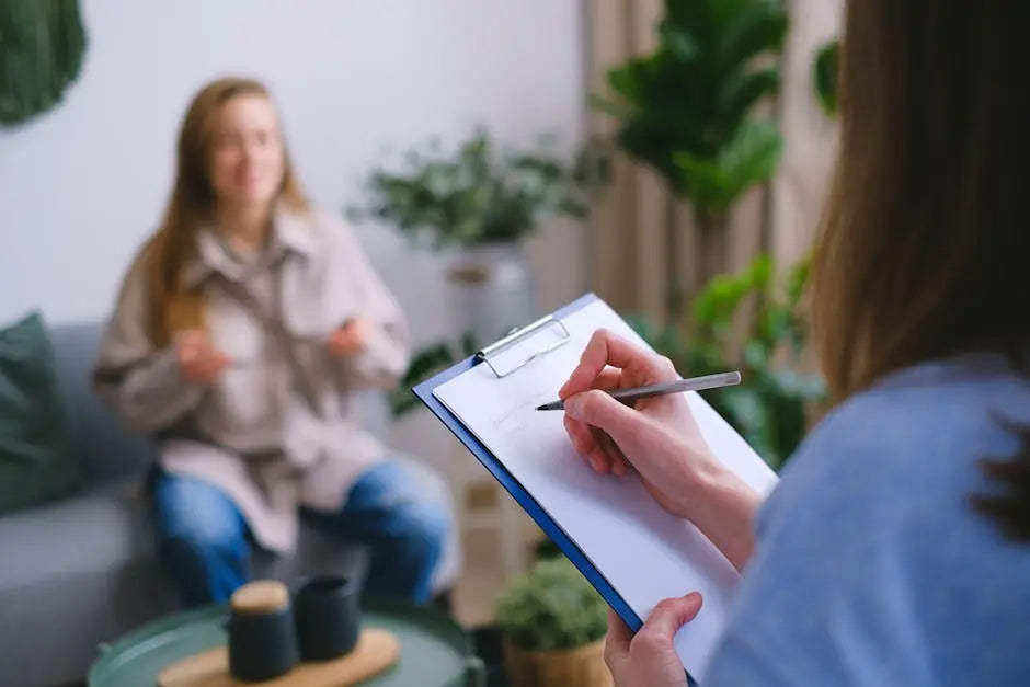 Wellness consultation with a clipboard in a calming, plant-filled setting