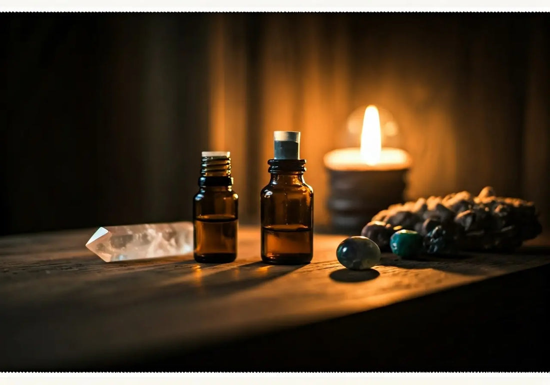 Essential oils, healing crystals, and candle on wooden table for wellness and energy therapy