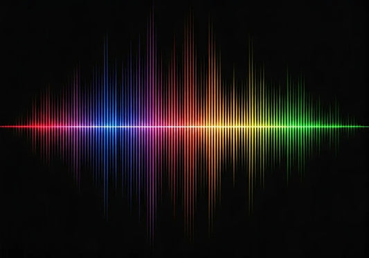 Colorful energy frequency waveform on a black background, symbolizing vibration technology.