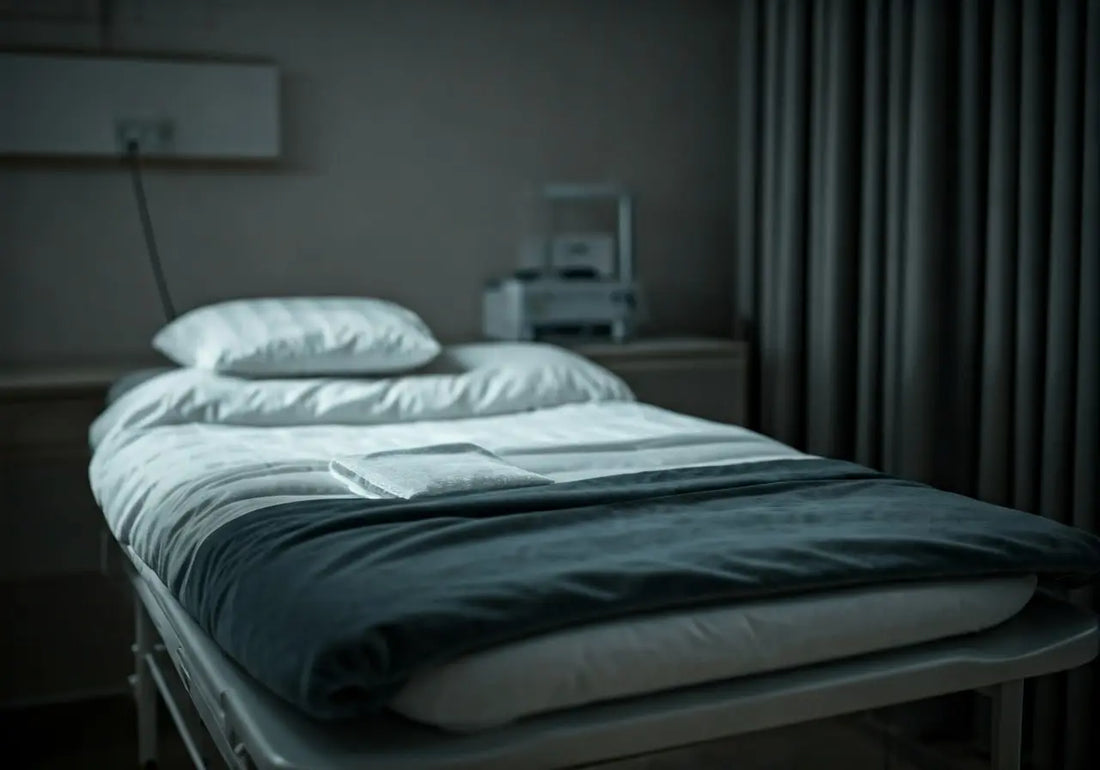 Clean medical bed in wellness clinic with white linens, pillow, and folded towel