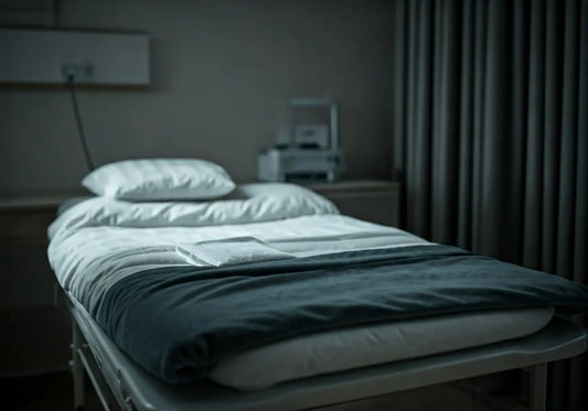 Clean medical bed in wellness clinic with white linens, pillow, and folded towel