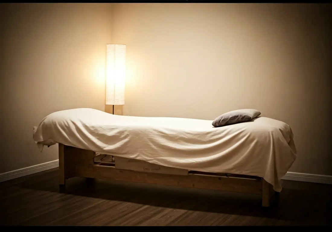 Wellness spa bed with white sheet and pillow in a softly lit therapy room