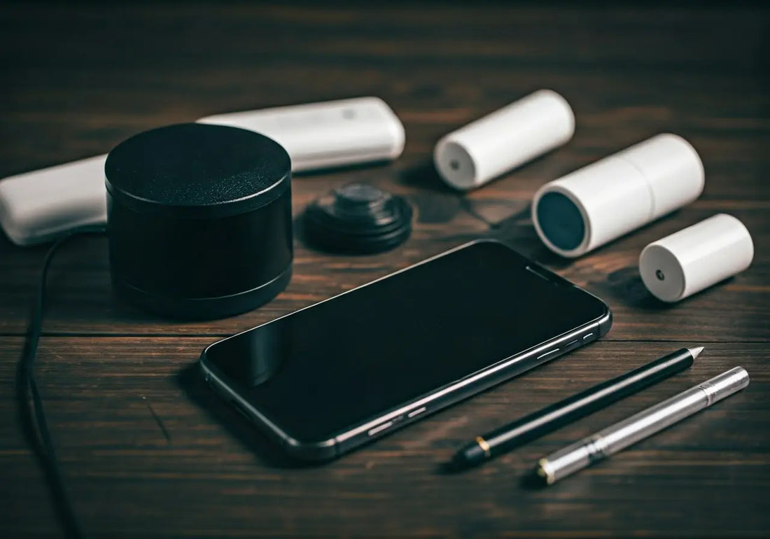 Energy and frequency wellness devices on wood desk with smartphone and pens