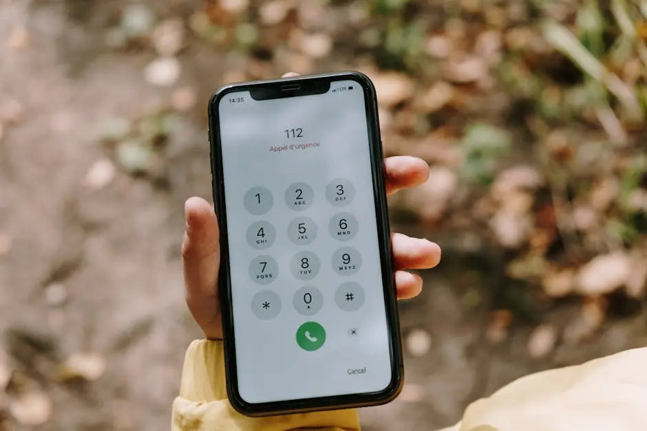 Hand holding smartphone with emergency call screen outdoors on blurred background