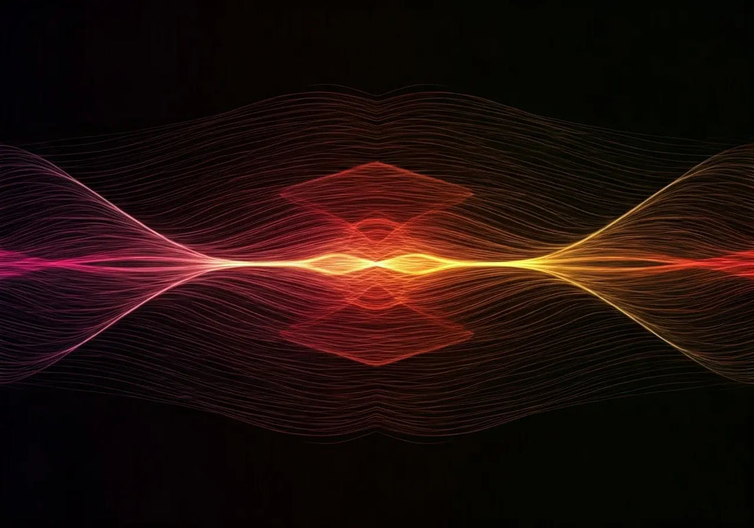 Colorful energy frequency waves on black background, representing plasma and wellness technology