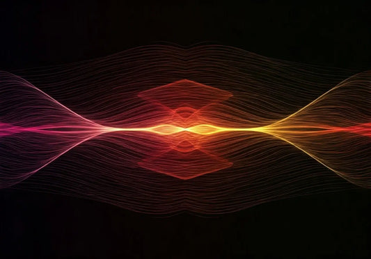 Colorful energy frequency waves on black background, representing plasma and wellness technology