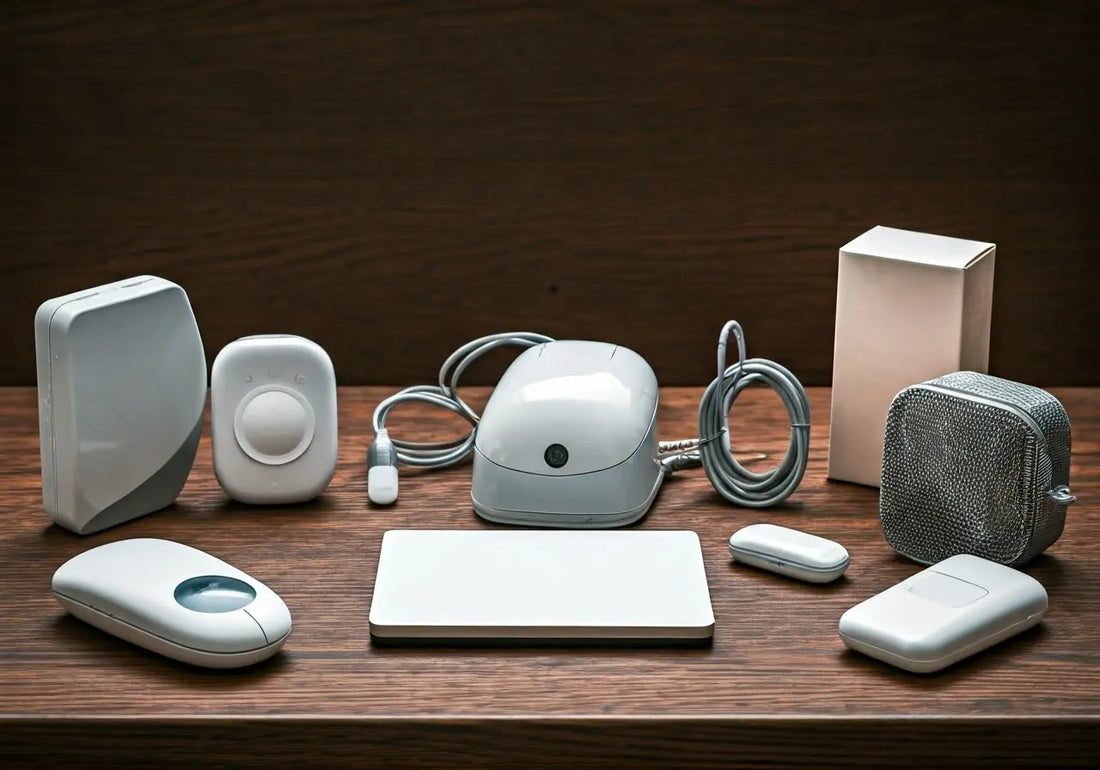 assorted biohacking and energy technology devices on wooden surface for wellness and health