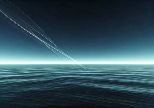 Futuristic glowing ocean horizon with energy waves under a dark blue sky, symbolizing frequency technology