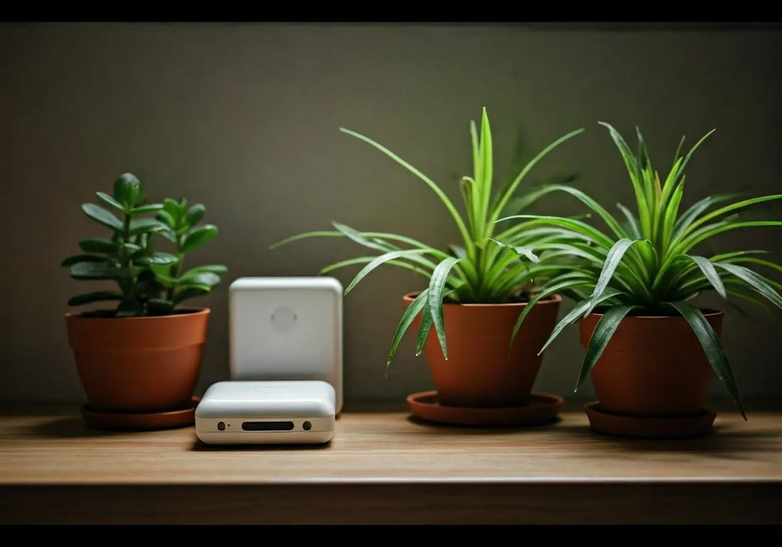 Energy frequency device with potted houseplants on wooden shelf, wellness technology decor