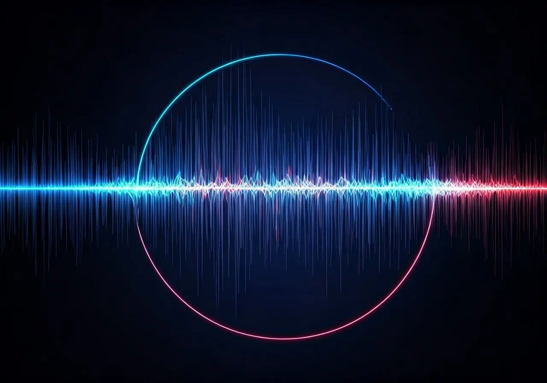 Abstract digital illustration of frequency and energy waveforms in blue and red on a dark background.