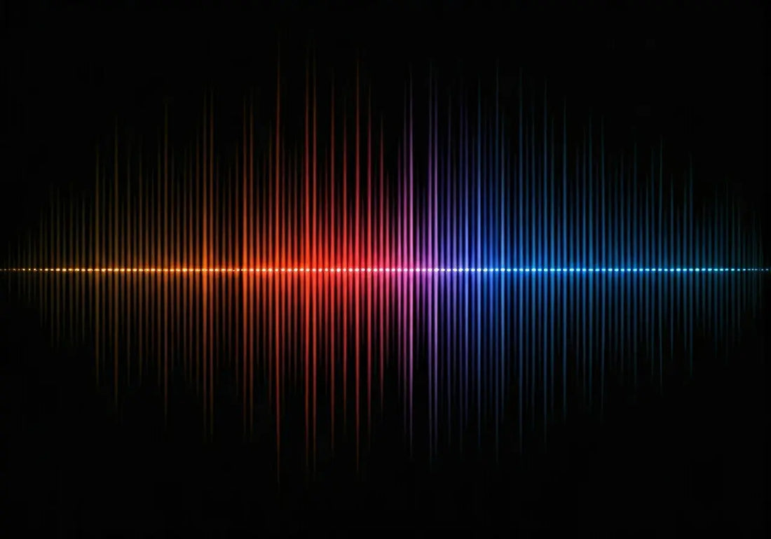 Colorful energy frequency waves on a black background, representing wellness technology