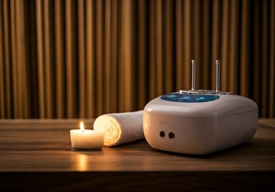 Energy technology device with digital display, spa towel, and candle on wooden table, wellness setting