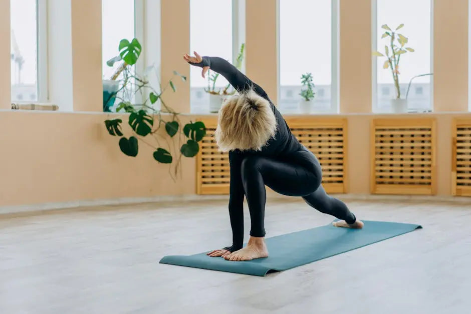 Woman practicing yoga indoors on mat, wellness exercise for energy and flexibility