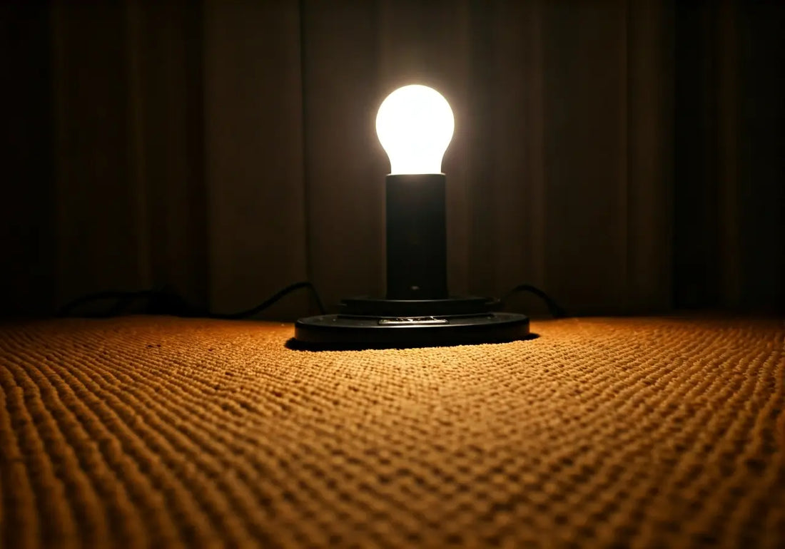 Illuminated light bulb on round black stand, energy technology concept on textured surface
