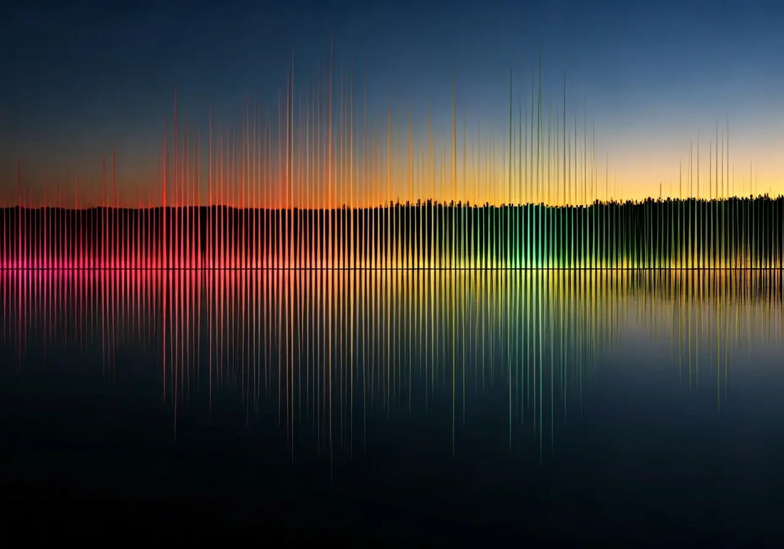 Colorful energy frequency waves over water at sunset, symbolizing wellness technology