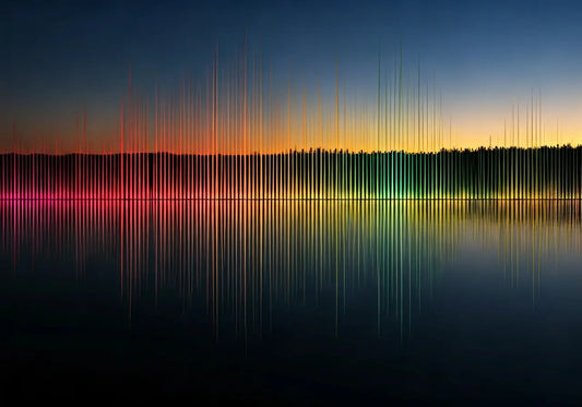Colorful energy frequency waves over water at sunset, symbolizing wellness technology