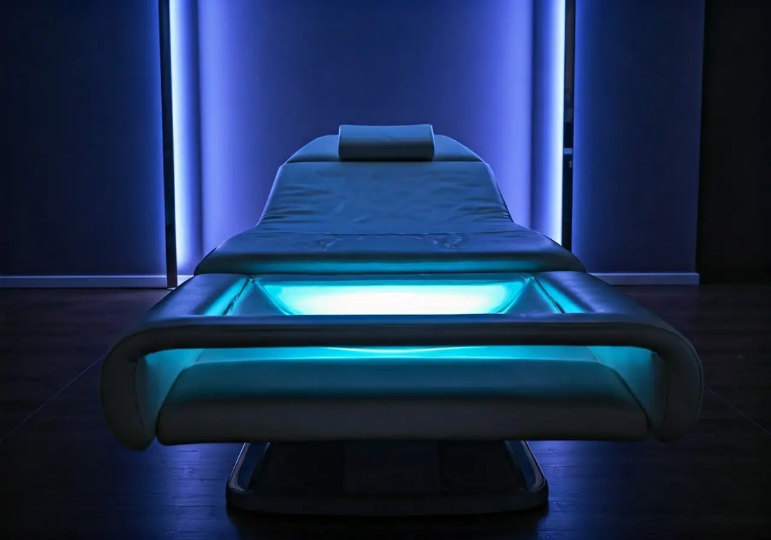 Futuristic med bed with blue LED lighting in a dark wellness therapy room