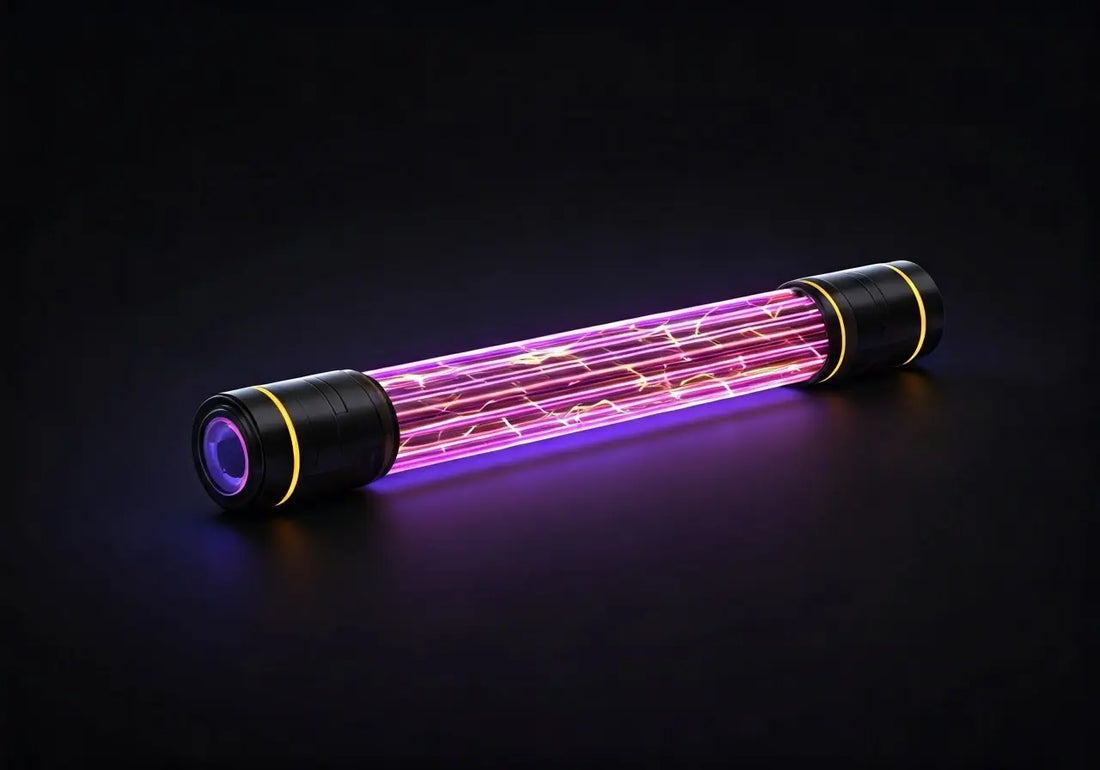 Plasma energy tube with glowing purple light, black caps and visible energy arcs for wellness tech.