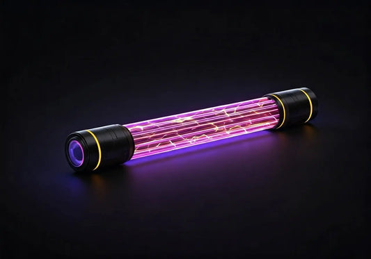 Plasma energy tube with glowing purple light, black caps and visible energy arcs for wellness tech.