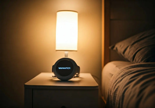 Energy device on nightstand beside lamp and bed for wellness and biohacking technology