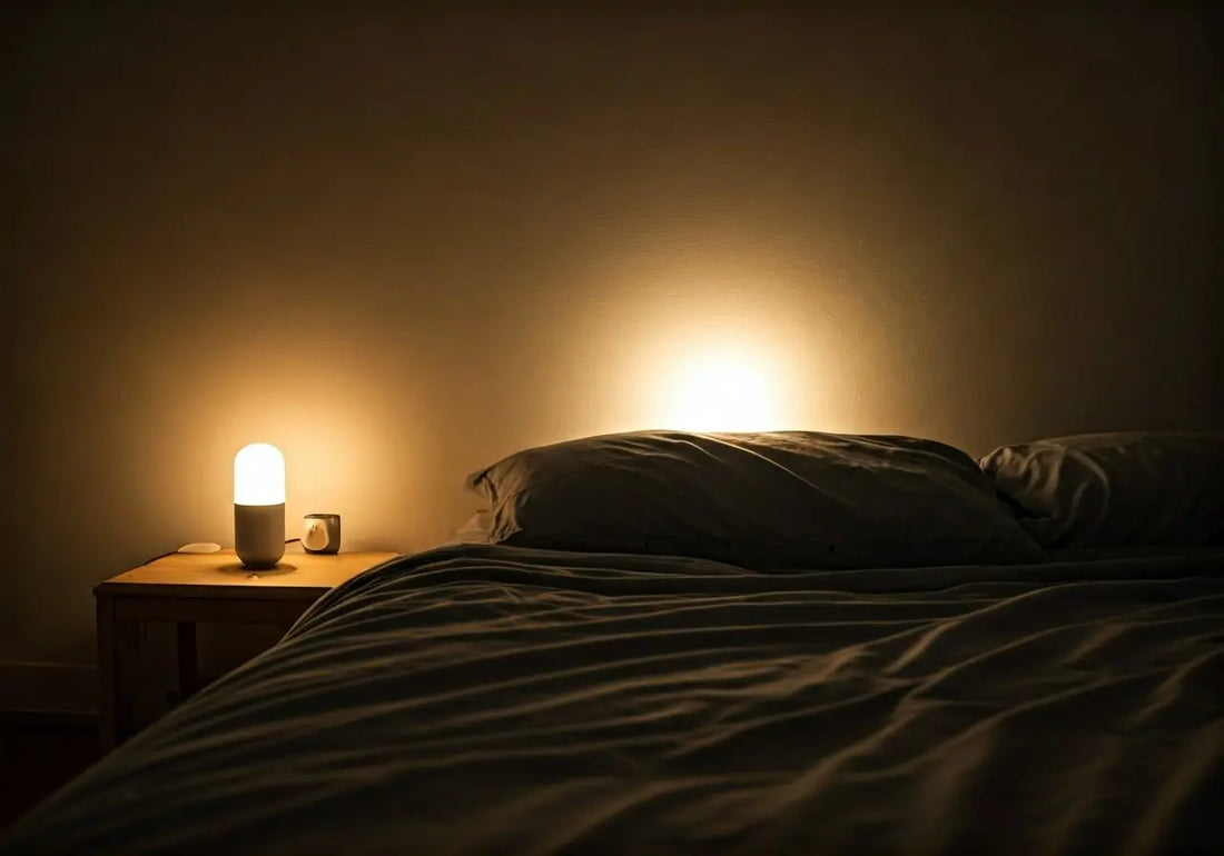 Cozy bedroom with energy lighting, med bed, pillows, and nightstand for wellness sleep