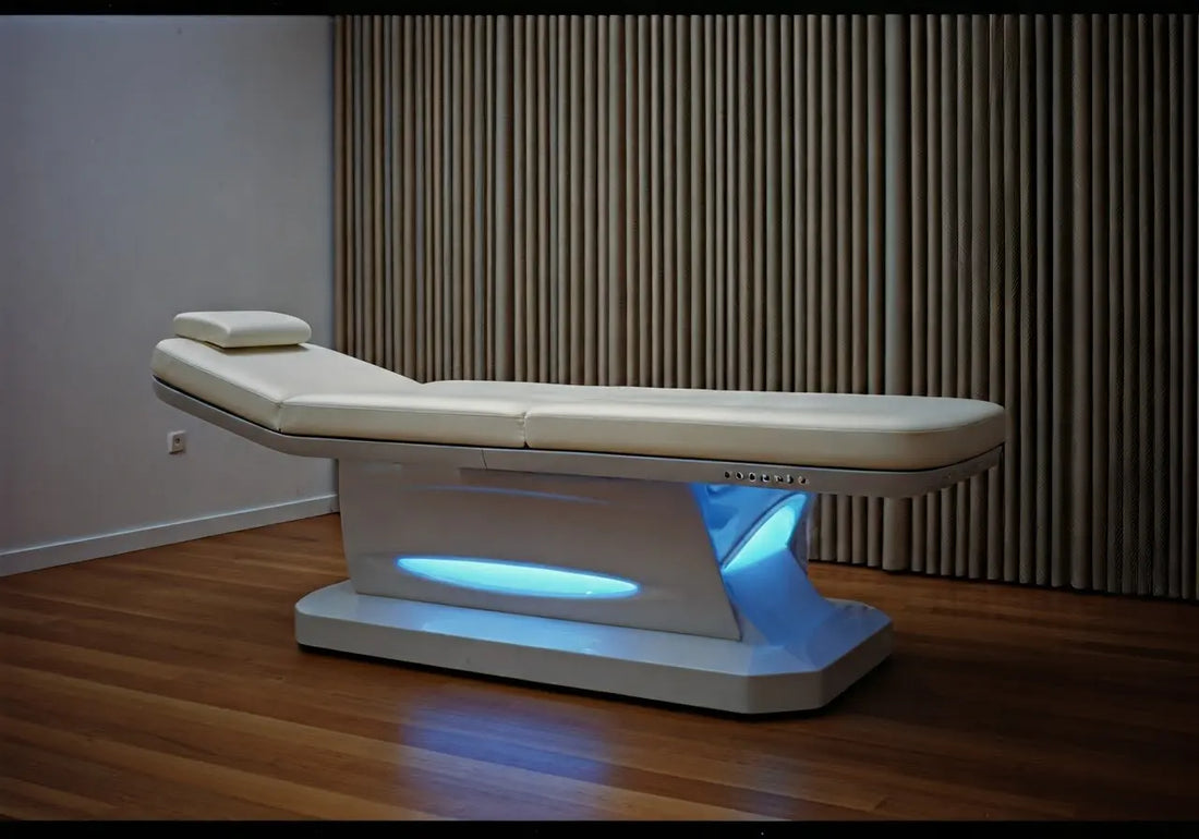 Modern white med bed with blue LED light for wellness and energy therapy sessions