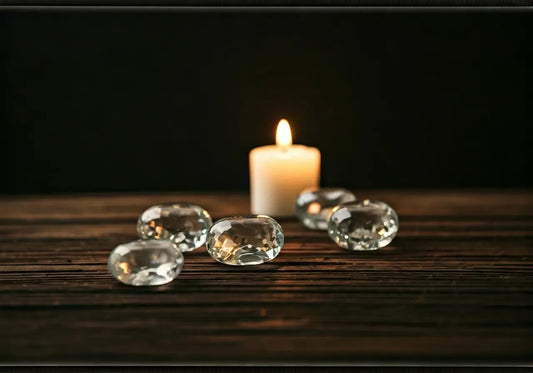 Lit candle and clear crystal stones on wooden surface for wellness and energy healing
