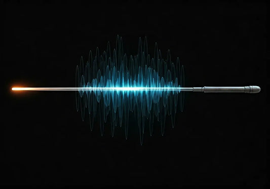 Energy frequency wand with glowing blue wave patterns on black background for wellness and biohacking