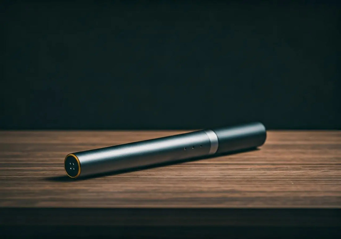 Sleek black energy frequency wand device on wooden surface for wellness and biohacking
