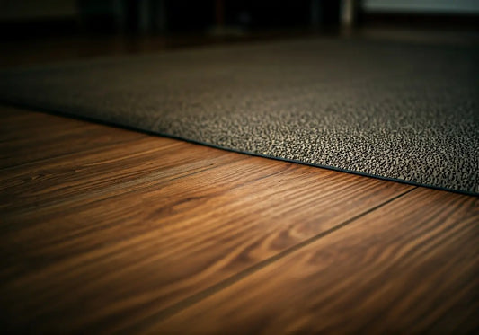 Closeup of textured grounding mat on hardwood floor for energy wellness and home health.