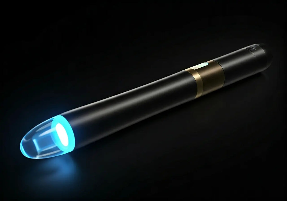 Energy healing device wand with glowing blue tip on black background for wellness and biohacking