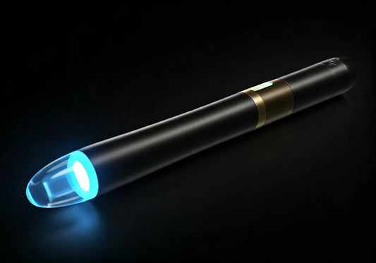 Energy healing device wand with glowing blue tip on black background for wellness and biohacking