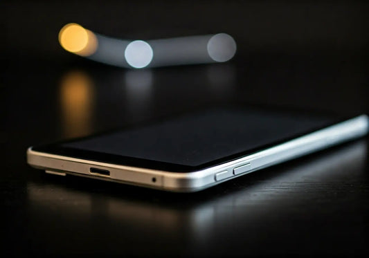 Close-up of modern smartphone on dark surface, sleek design, technology background