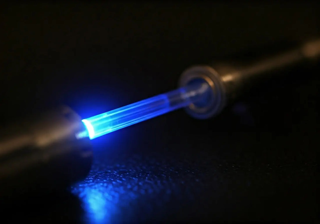 Close-up of a blue light therapy device emitting energy on a dark surface