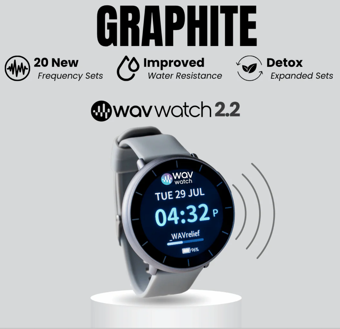 Smartwatch with digital display on a white background, featuring the brand 'wavwatch 2.2'.