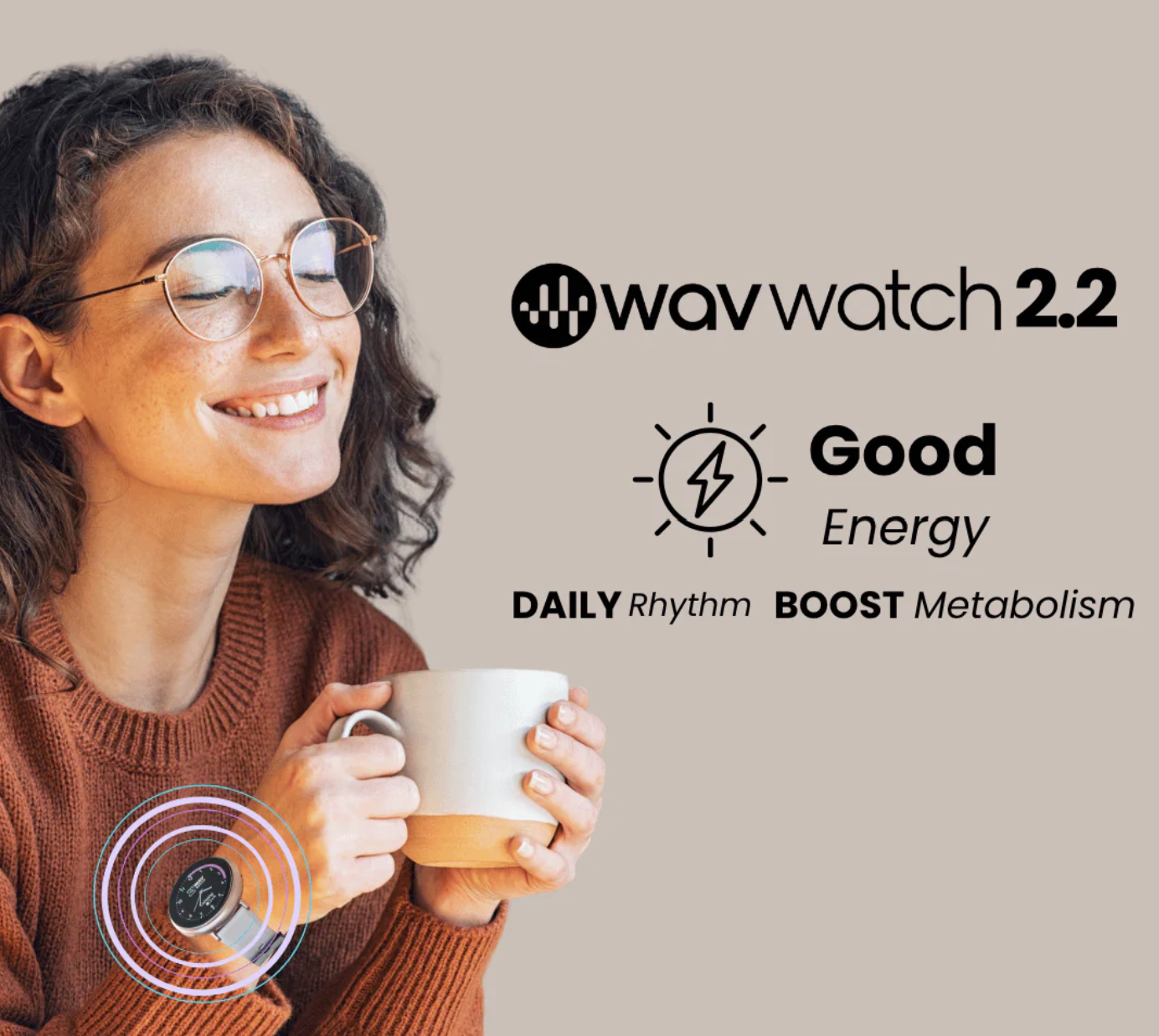 Woman holding a mug with Wavwatch 2.2 and energy benefits text on a beige background
