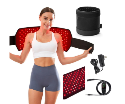 Woman using a red light therapy belt with additional components on a white background