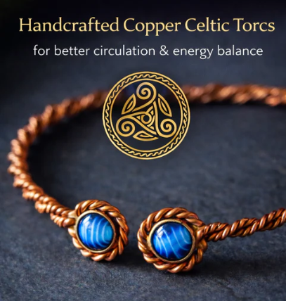 Handcrafted copper Celtic torcs with blue stones on a dark background