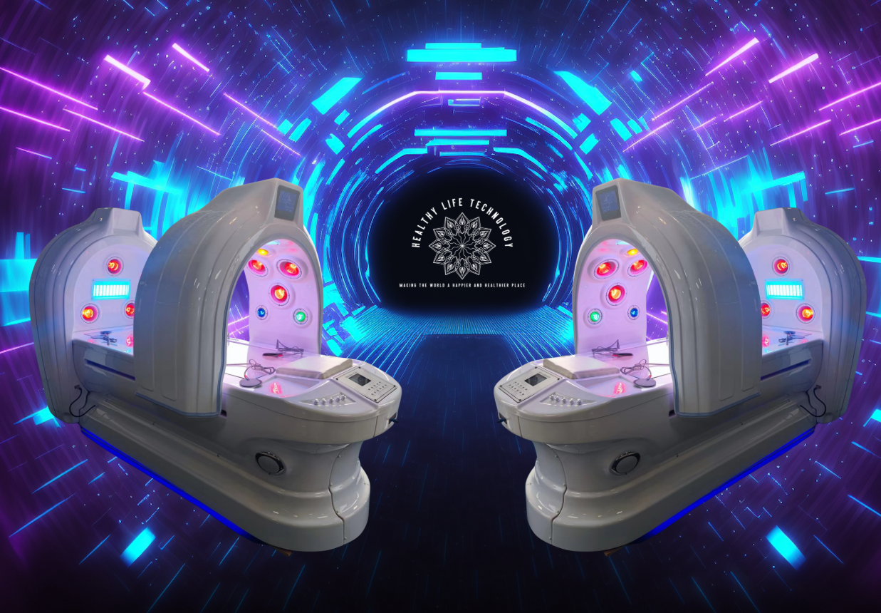 Two futuristic pod-like devices with colorful lighting against a sci-fi tunnel background.