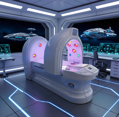  futuristic medical chamber with space-themed control room
