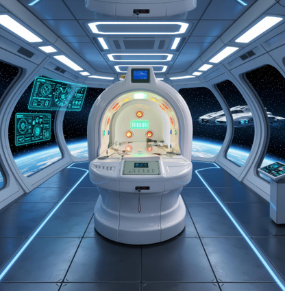  futuristic control room with a central console and space-themed decor