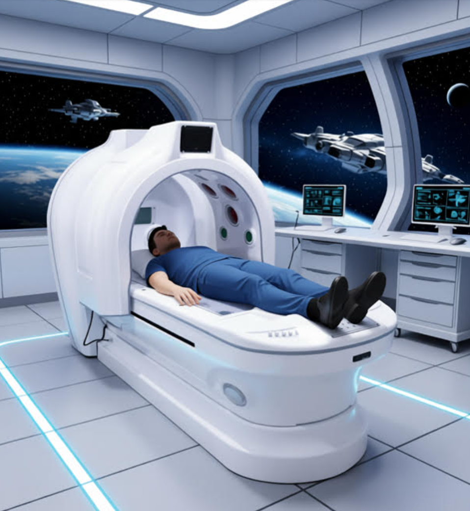 Person lying in a futuristic medical scanner with space-themed background