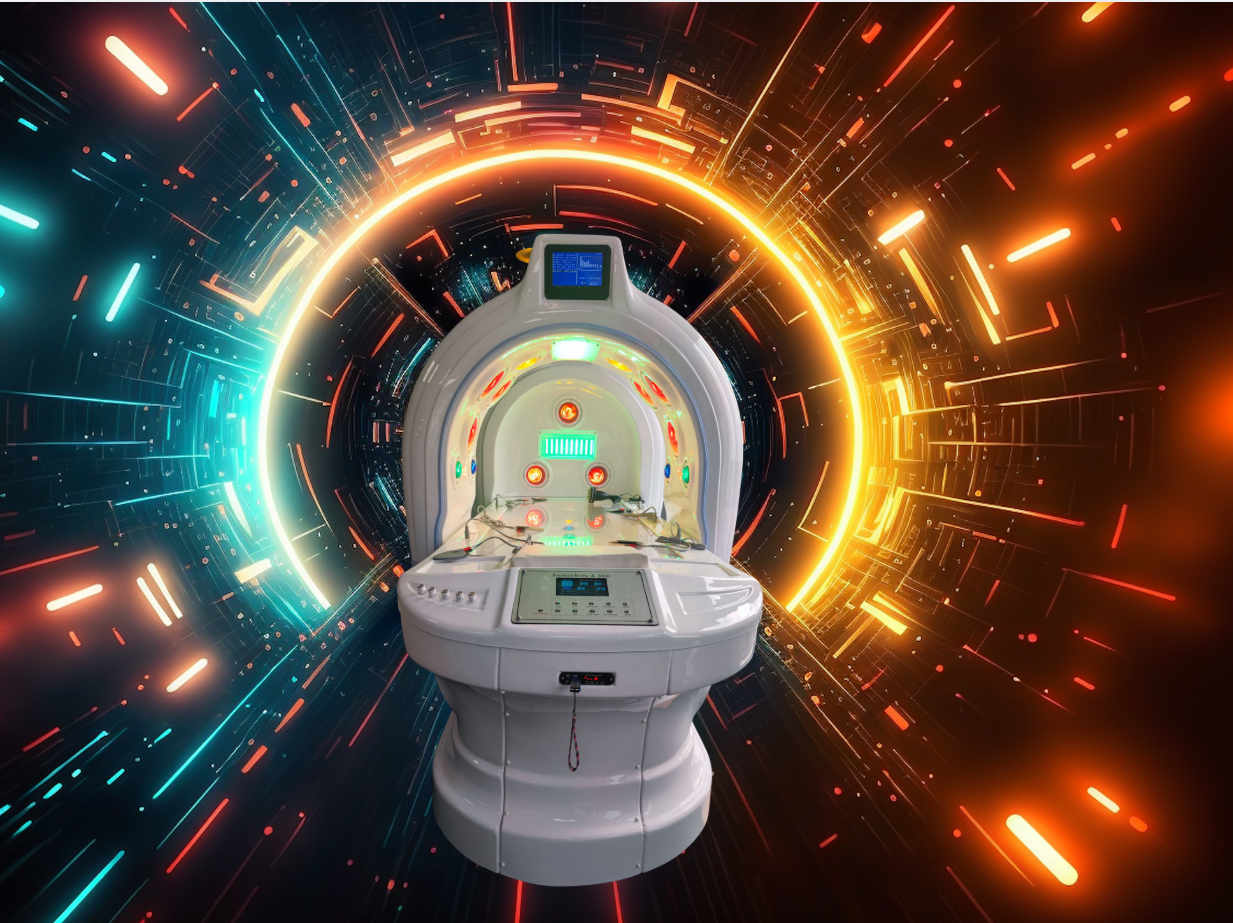 Futuristic machine with a glowing circular background