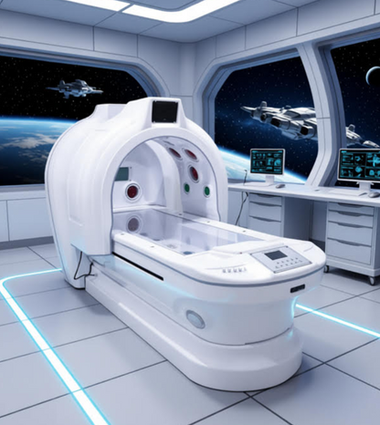 Space-themed room with a futuristic medical device and space-themed decor.