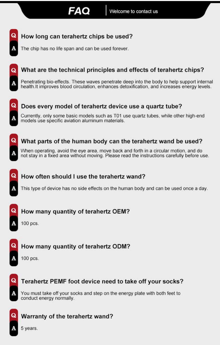 FAQ section with questions and answers about terahertz chips and devices on a white background.