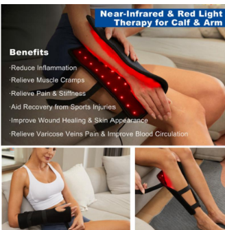 Person using a near-infrared and red light therapy device on their calf and arm with text highlighting benefits.